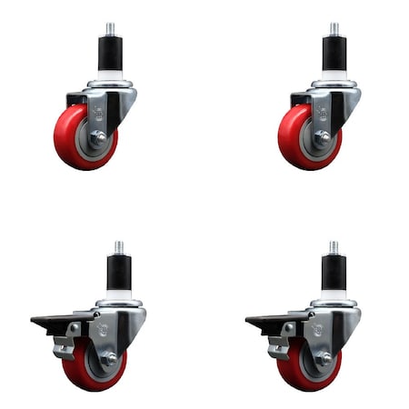 Service Caster 3'' Red Poly Wheel Swivel 1-1/2'' Expanding Stem Caster Set 2 Brakes, 4PK SCC-EX20S314-PPUB-RED-2-PLB-2-112